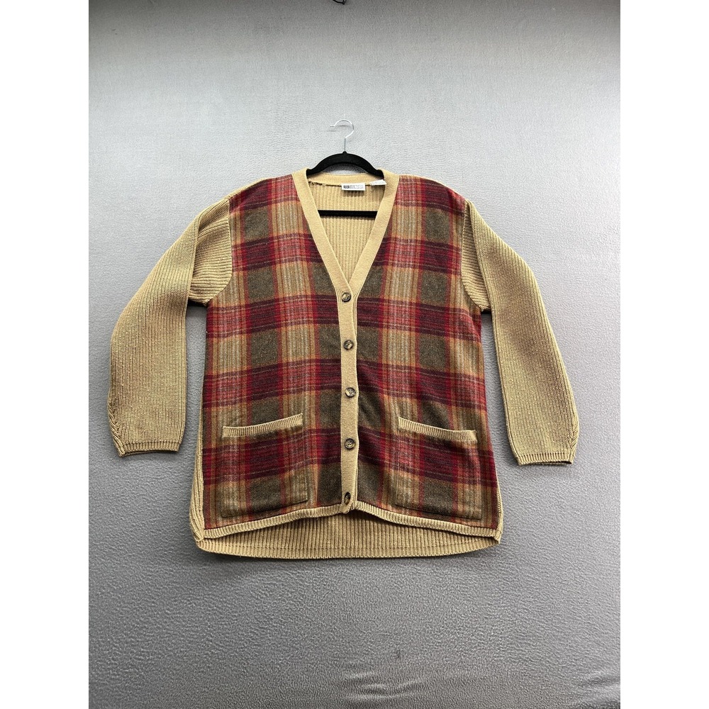 Vintage RUSS Sweater Mens Medium Plaid Wool Blend Cardigan Pockets V Neck 90s